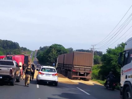 Caminhão carregado com trigo tomba na BR-376 e provoca interdição da pista