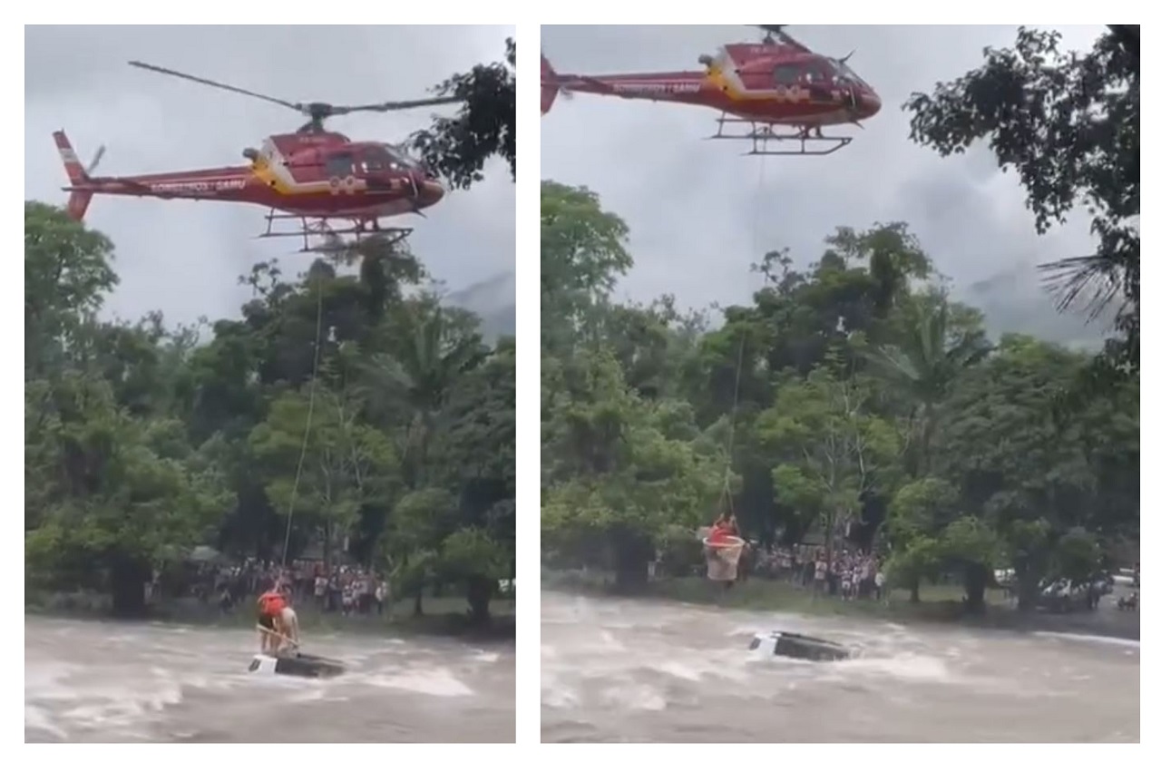 Carro cai de ponte em Guaratuba e ocupantes são resgatados de helicóptero